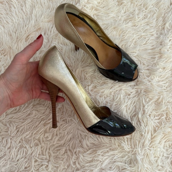 Giuseppe Zanotti Peep Toe Gold Black Patent leather Stiletto Pump SZ 37.5 B sexy - Picture 5 of 13